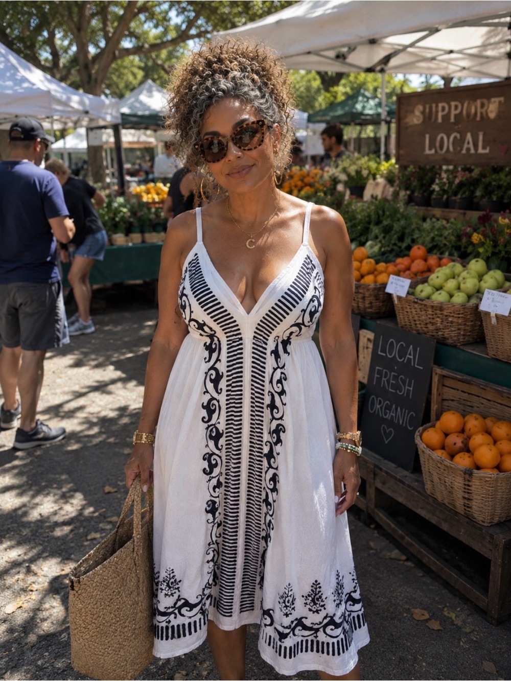 White Midi Boho Dress with Black Embroidered Trim